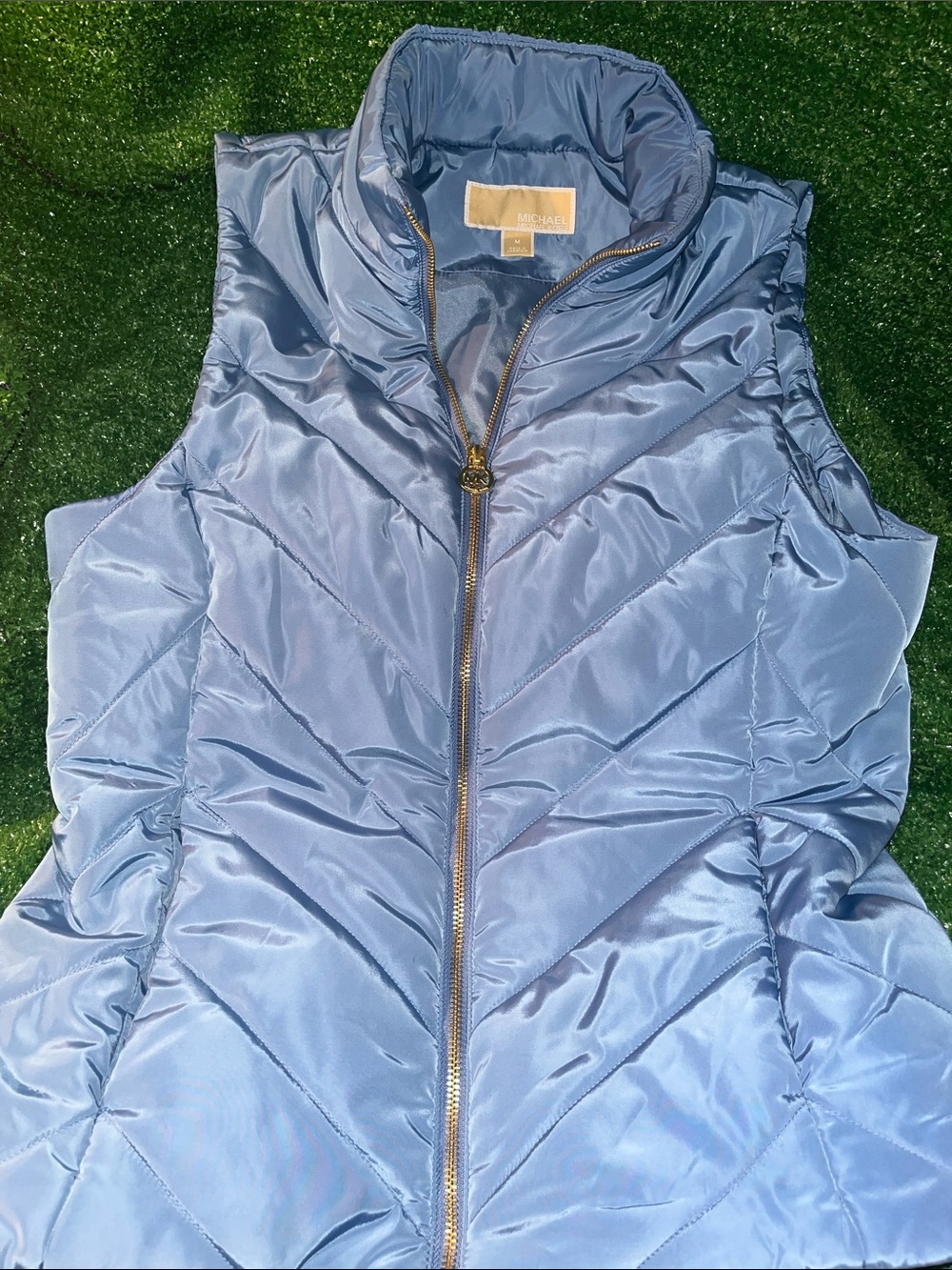 Michael Kors Light Blue Quilted Puffer Vest with gold hardware